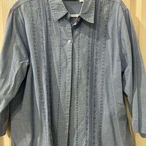 Blue Chambray Style Embroidered Women's Blouse